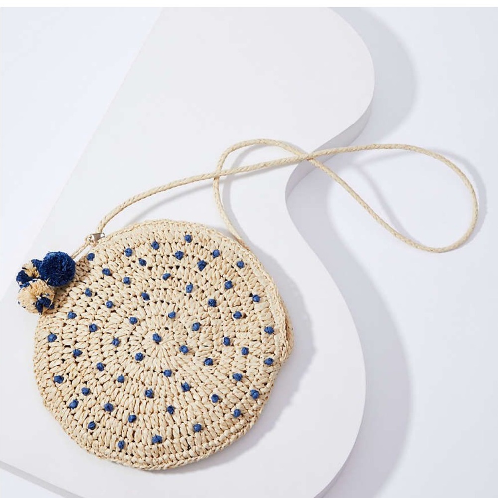 Circular Straw /Raffia Crossbody Bag with Pom Poms and Zipper Enclosure